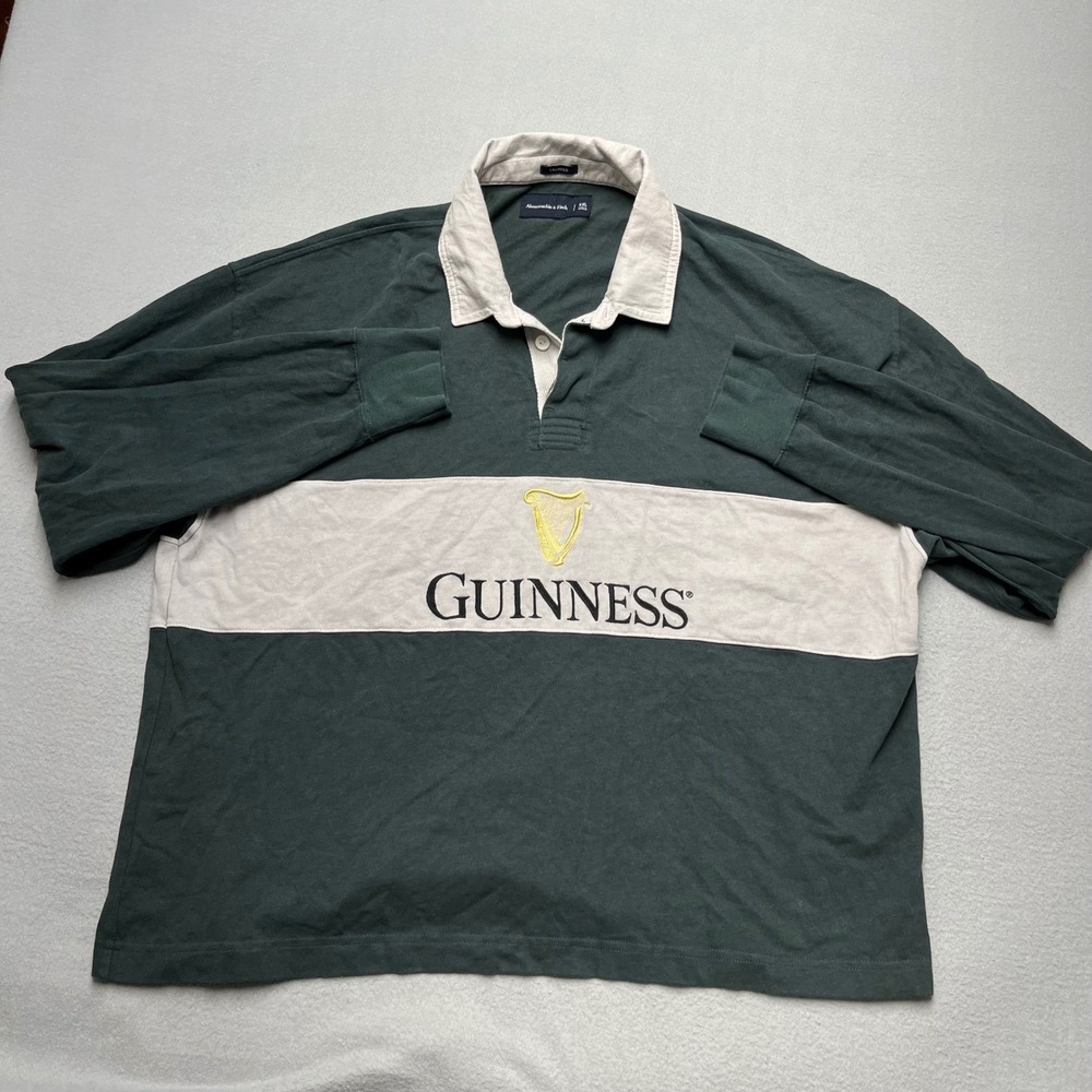 VTG Abercrombie & Fitch Guinness Rugby Shirt XXL Green Cropped Long Sleeve Polo‎ - Picture 3 of 11